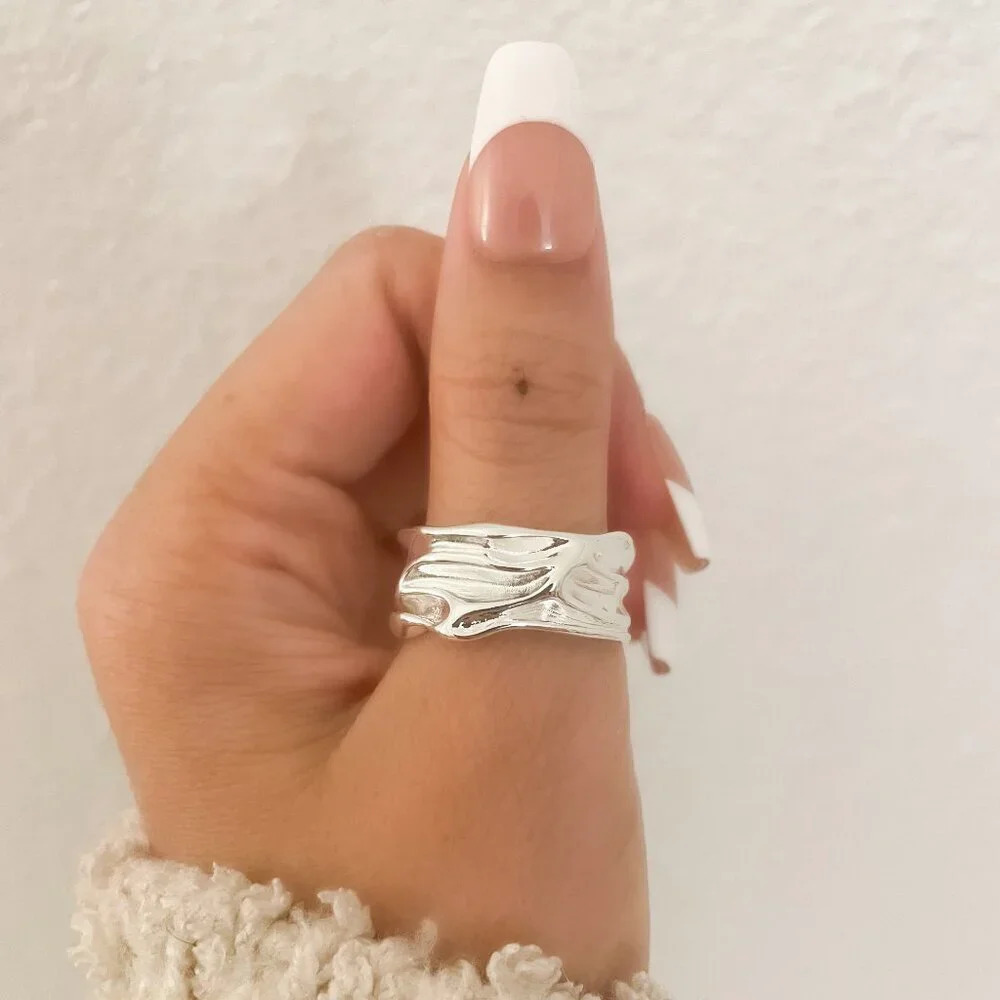925 Sterling Silver Chunky Ring Thick Ring Band Wavy Ring Textured Ring - Picture 4 of 11